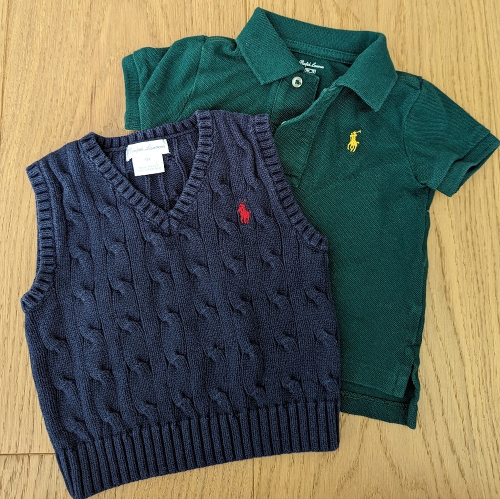 2-Piece Ralph Lauren Kids Green Polo Shirt and Navy Sweater Vest Set